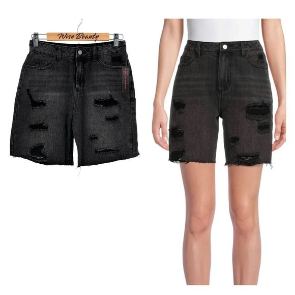No Boundaries Womens High Rise Boyfriend Shorts Size 5 Black Distressed Denim - Picture 1 of 9